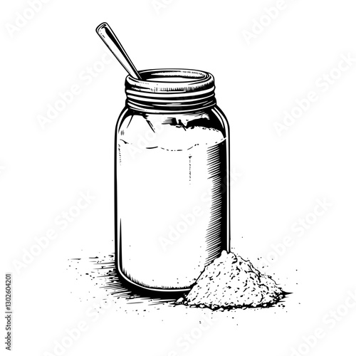 Engraved illustration of a jar filled with sugar and a spoon resting alongside it on a flat surface