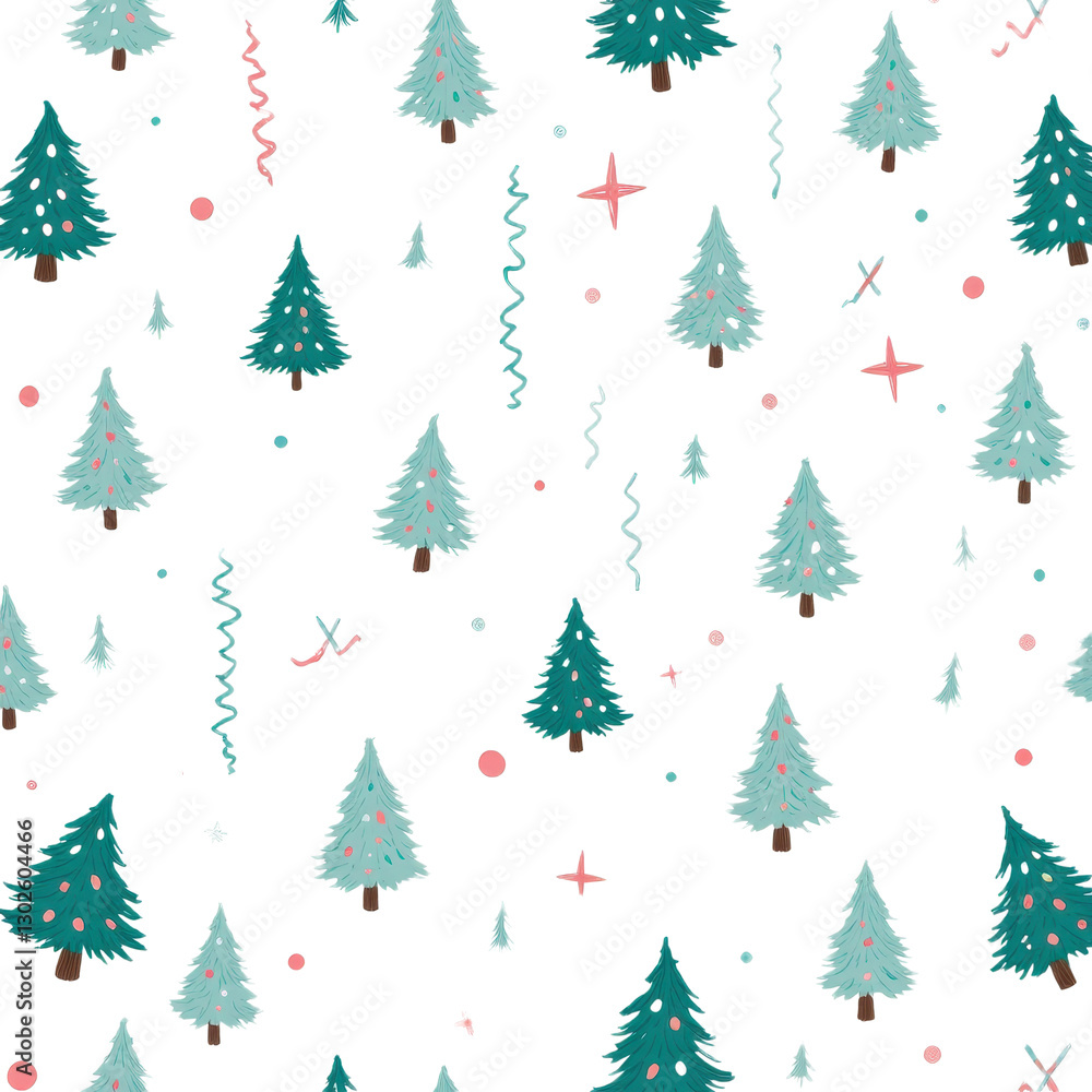 Obraz premium Christmas Tree Pattern with Confetti and Transparent Background