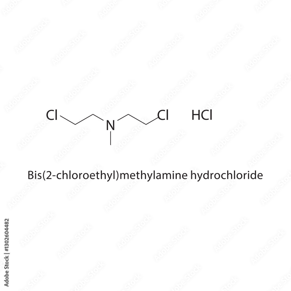 Bis(2-chloroethyl)methylamine hydrochloride skeletal structure.Halogenated Amine Salt compound schematic illustration. Simple diagram, chemical formula. Bis(2-chloroethyl)methylamine hydrochloride skeletal structure.Halogenated Amine Salt compound schematic illustration. Simple diagram, chemical formula.