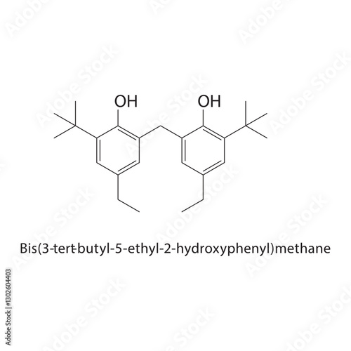 Bis(3-tert-butyl-5-ethyl-2-hydroxyphenyl)methane skeletal structure.Phenol Derivative compound schematic illustration. Simple diagram, chemical formula.