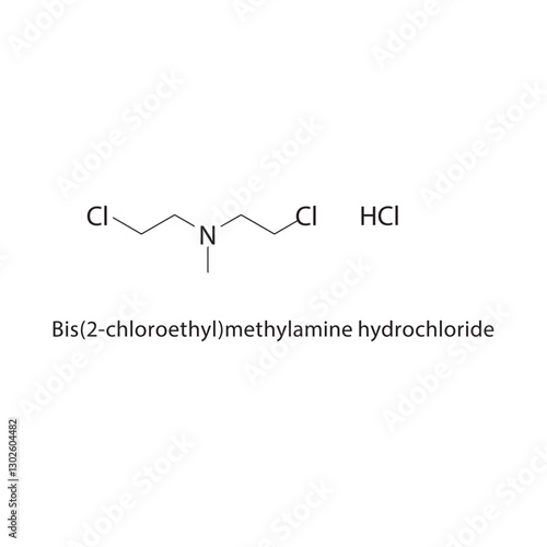 Bis(2-chloroethyl)methylamine hydrochloride skeletal structure.Halogenated Amine Salt compound schematic illustration. Simple diagram, chemical formula.