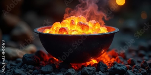 Large metal crucible filled with glowing embers, warmth of light, flames, heat