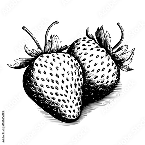 Detailed engraved illustration of two ripe strawberries displaying texture and form in black and white vector art