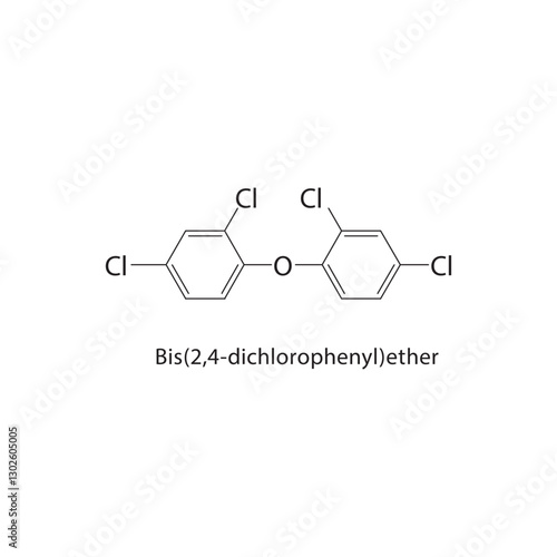 Bis(2,4-dichlorophenyl)ether skeletal structure.Halogenated Ether compound schematic illustration. Simple diagram, chemical formula.