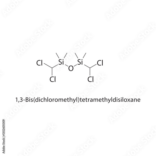 1,3-Bis(dichloromethyl)-tetramethyldisiloxane skeletal structure.Organosilicon Compound compound schematic illustration. Simple diagram, chemical formula.