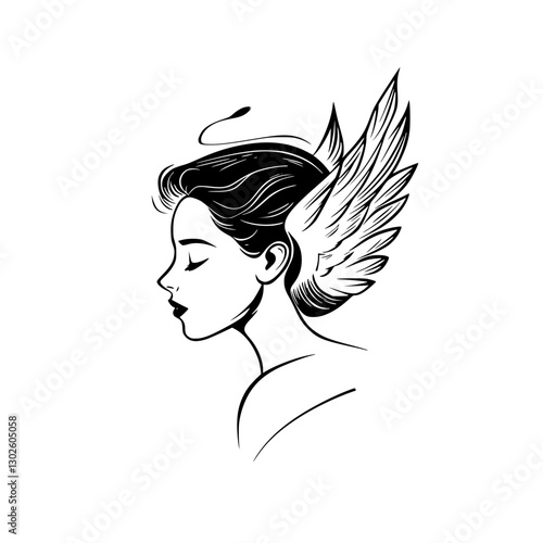 Elegant engraved illustration of a woman with angel wings in a serene profile view