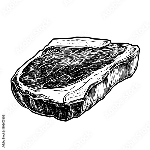 Engraved illustration of a raw beef steak showcasing detailed textures of meat and fat