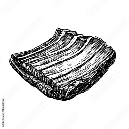 Engraved illustration of rustic wooden block with textured surface in monochrome style showcasing natural imperfections and craftsmanship details