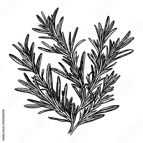 Engraved vector illustration of rosemary herb showcasing intricate details of leaves and stems in a botanical style