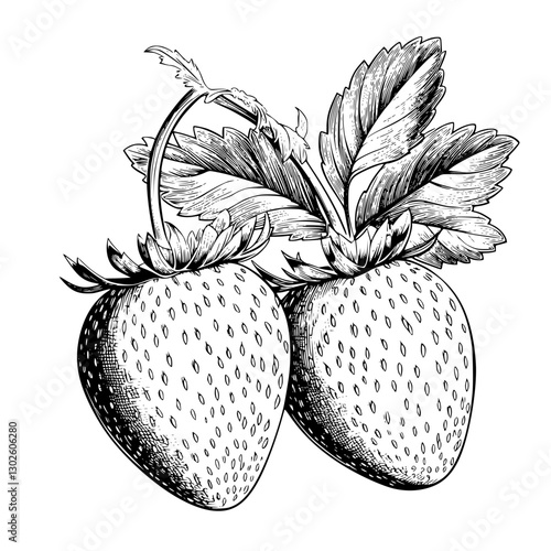 Detailed engraved illustration of two ripe strawberries with detailed leaves in vector style