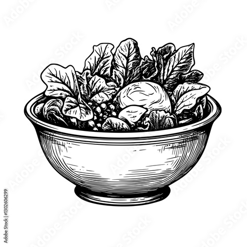 Engraved vector illustration of a salad bowl filled with fresh greens and vegetables in a classic style