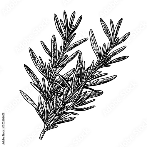 Detailed engraving of rosemary herb showcasing its distinct leaves and texture in a hand-drawn style