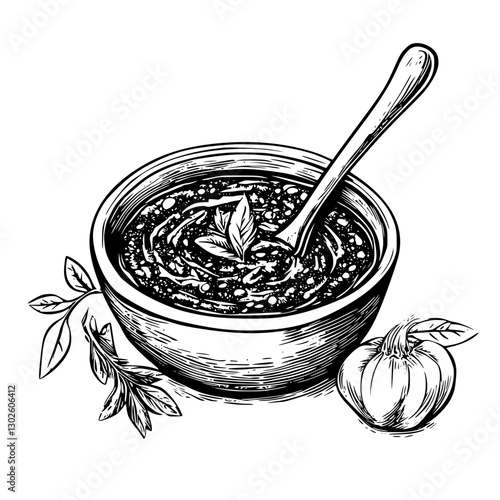 Deliciously crafted bowl of pesto with spoon and fresh ingredients on a rustic background