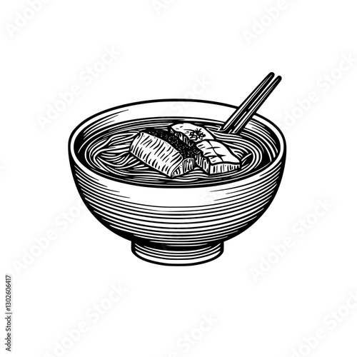 Detailed engraved illustration of a bowl of ramen with chopsticks and sliced meat in a traditional setting