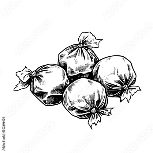 Illustrated engraving of four tied bags of candy or sweets displayed artistically on a white background