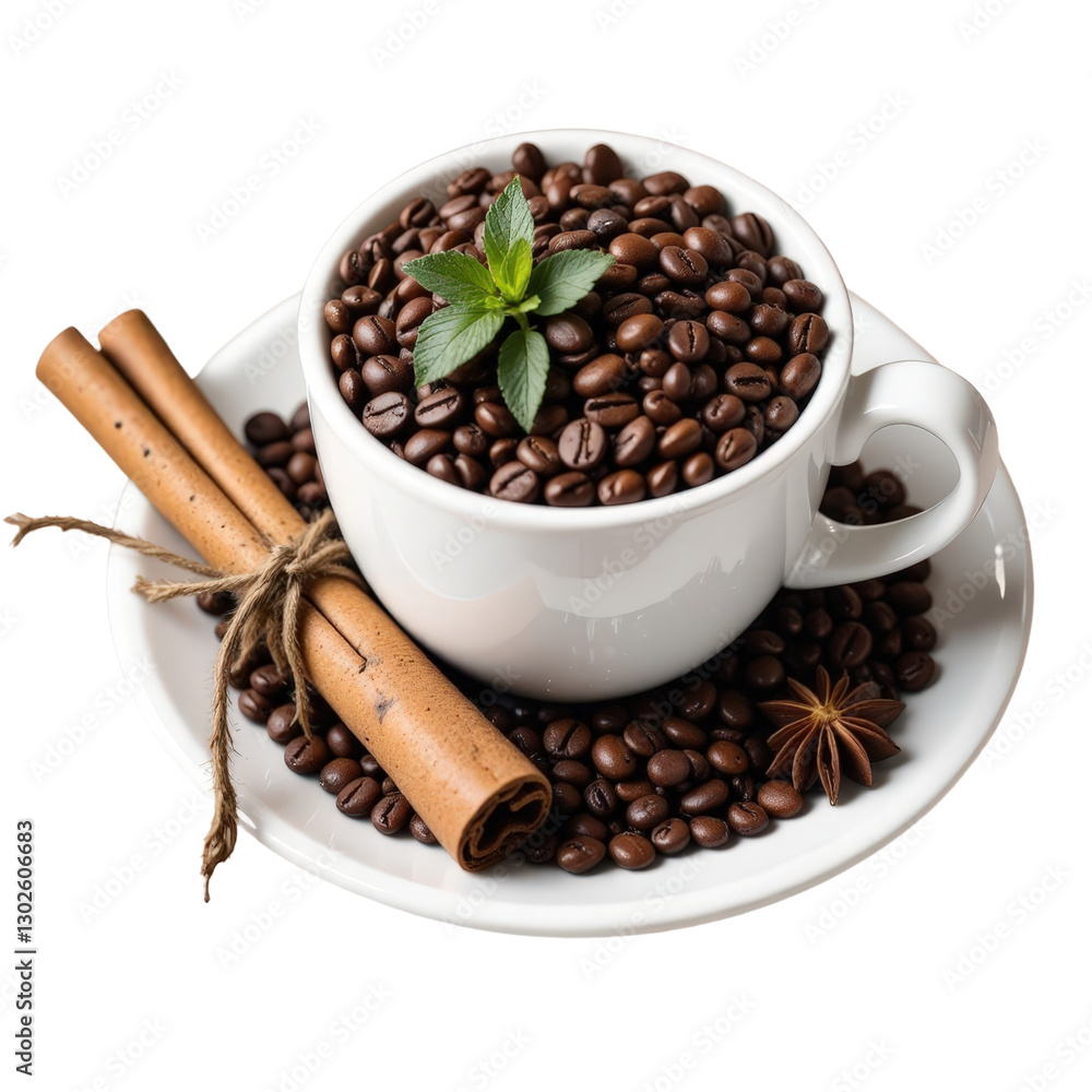 Fototapeta premium Cup of Coffee Beans with Cinnamon Sticks and Mint, transparent background