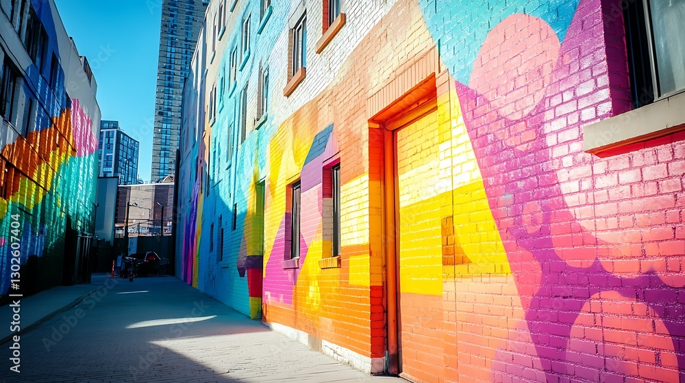 Fototapeta premium Vibrant Colorful Mural Adorns Brick Building Alleyway