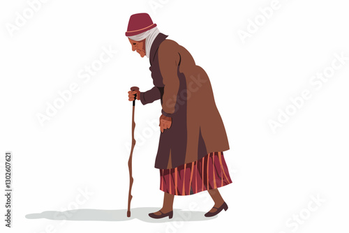 old woman with cane smile isolated