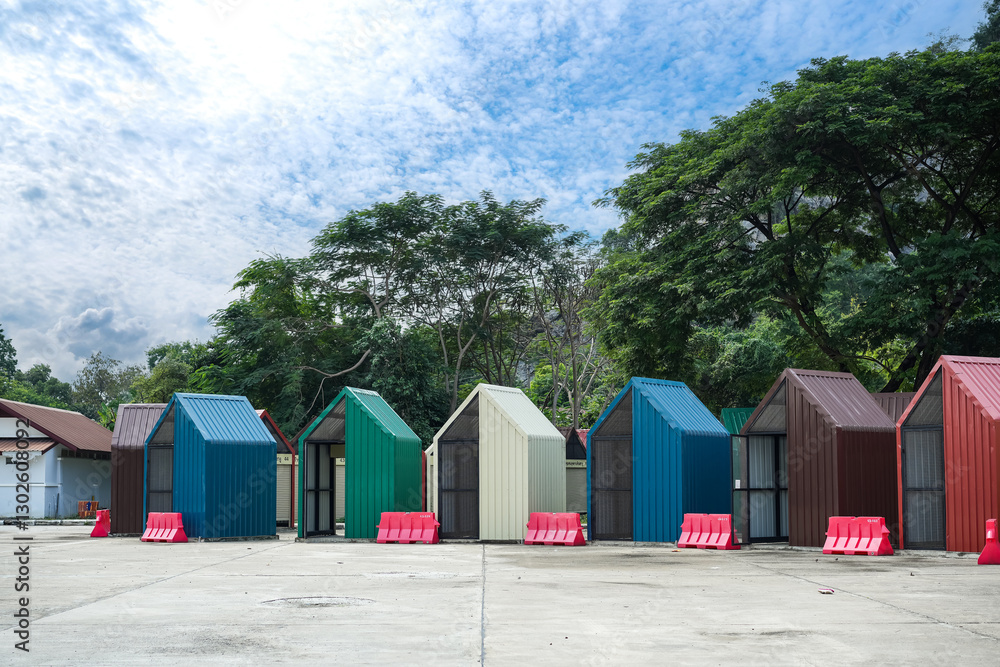 A kiosk's form is created by combining and constructing a metal sheet. It is set up for market weekend in the roll. A kiosk's form is created by combining and constructing a metal sheet. It is set up for market weekend in the roll.
