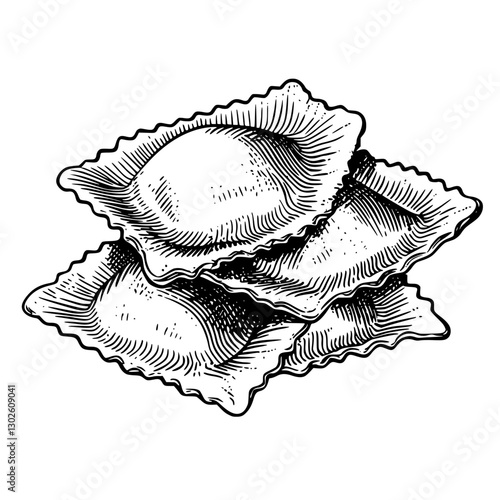 Engraved illustration of three ravioli stacked on top of each other showcasing fine details and traditional culinary art