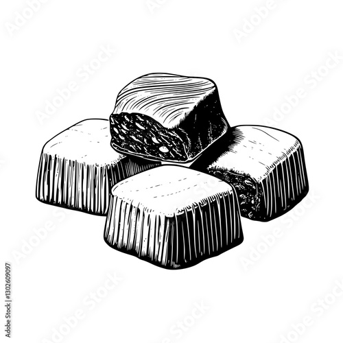 Engraved illustration of traditional confectionery in detailed vector representation showcasing crafted sweets