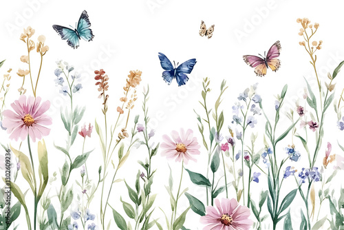 Fototapeta Naklejka Na Ścianę i Meble -  Seamless watercolor floral pattern with colorful wildflowers, leaves, plants and flying butterflies. Vintage garden in a panoramic horizontal layout on white or transparent background