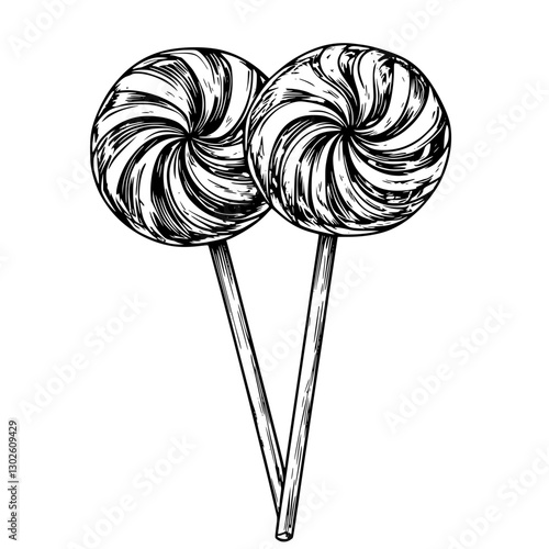 Engraved illustration of two spiral lollipops on sticks in a vintage style with intricate detailing