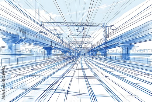 Urban Train Track Perspective with Illustrative Blueprint Style