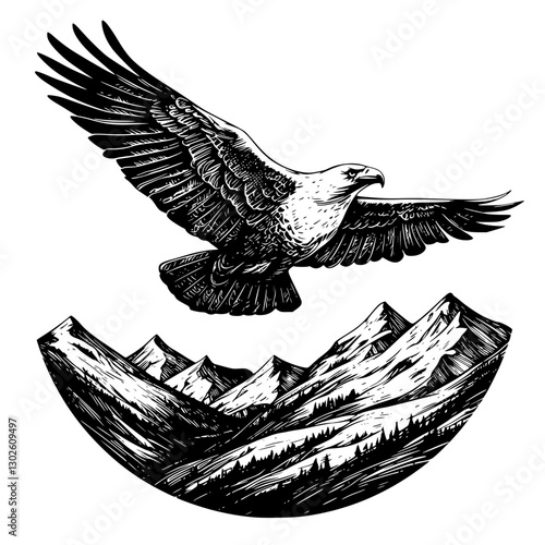 Majestic eagle soaring above rugged mountains in an intricate engraving