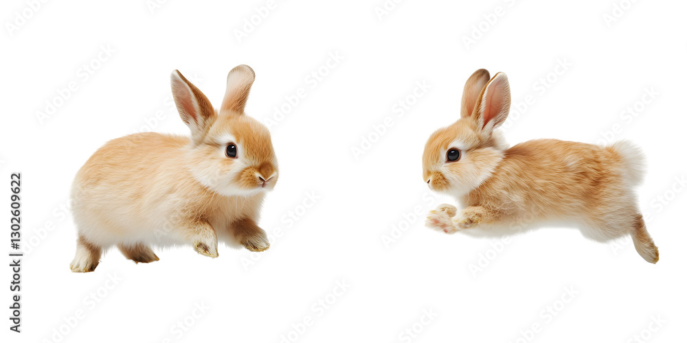 Two cute rabbits isolated on a white or transparent background, displaying the happy bunny running on the floor, as well as the adorable fluffy rabbit sniffing at the air Two cute rabbits isolated on a white or transparent background, displaying the happy bunny running on the floor, as well as the adorable fluffy rabbit sniffing at the air
