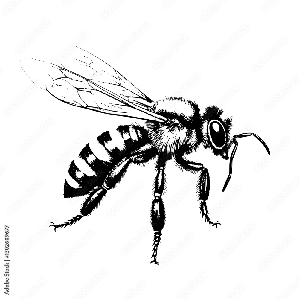 Obraz premium Detailed vector engraving of a bee exhibiting intricate features and highlighting the beauty of nature's pollinators