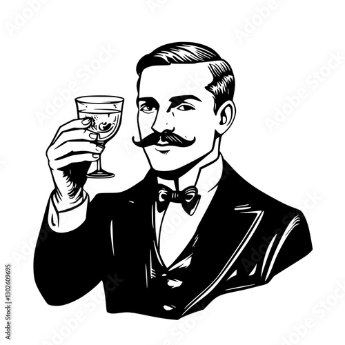 Elegantly dressed man holding a glass in a formal setting celebrating an occasion with vintage style