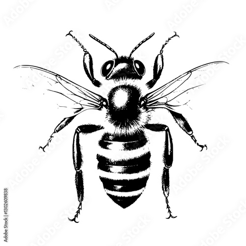 Detailed engraving of a bee showcasing fine features and intricate patterns in a black and white vector illustration