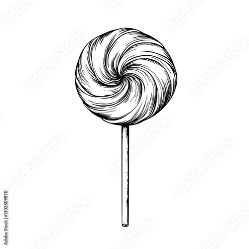 Engraved illustration of a swirling lollipop capturing a classic candy design