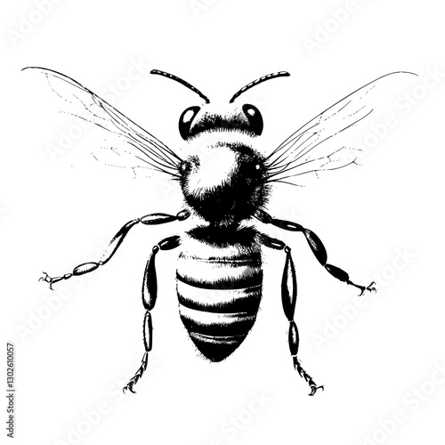 Detailed engraved illustration of a bee in a vector format capturing its wings and body structure