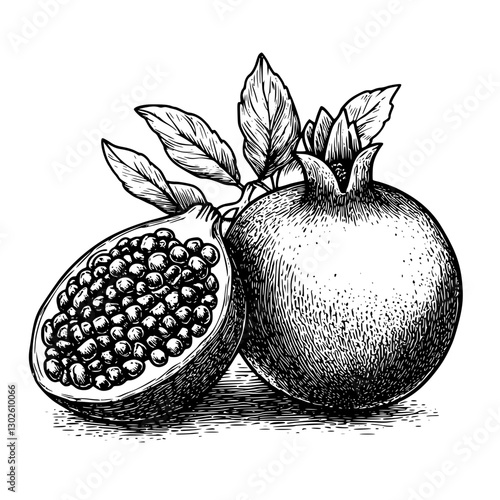 Engraved illustration of ripe pomegranates with leaves showcasing the fruit's vibrant seeds and texture in a detailed vector design