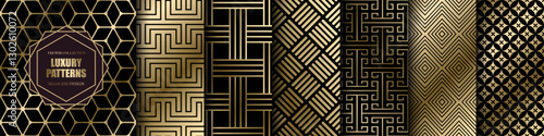 Collection of seamless luxury geometric patterns - gold art deco design. Repeatable ornamental elegant royal golden backgrounds. Symmetry endless vintage prints