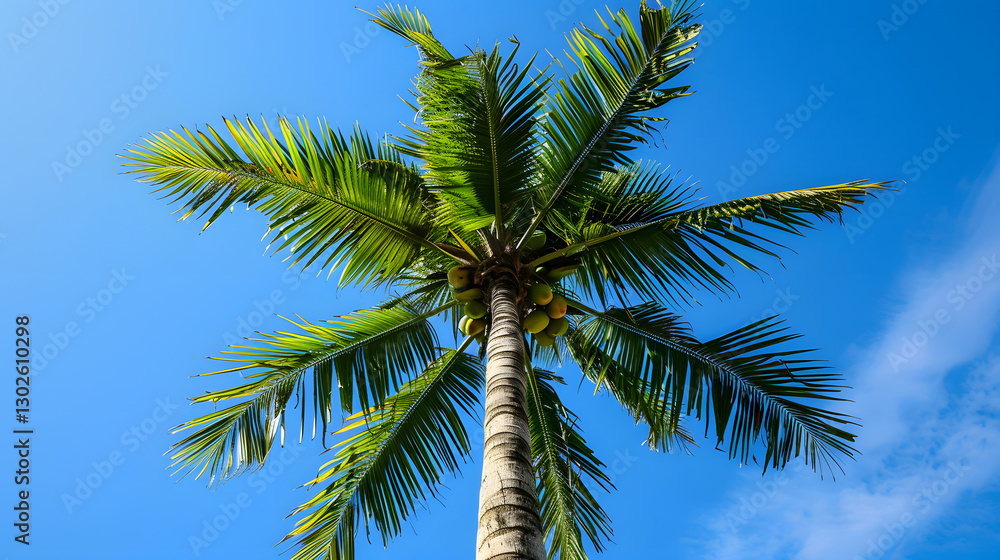 A tall palm tree standing against the blue sky with its leaves swaying in the wind, capturing a tropical and serene moment. A tall palm tree standing against the blue sky with its leaves swaying in the wind, capturing a tropical and serene moment.