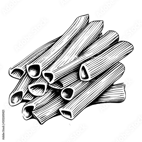 Engraved illustration of pasta shapes featuring rigatoni in a detailed vector design