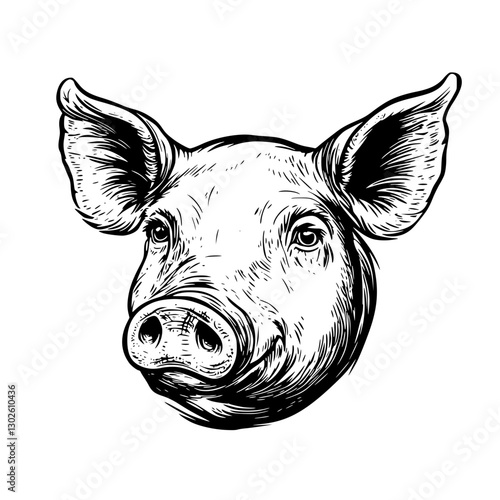 Engraved illustration of a pig head displaying intricate details and charming features