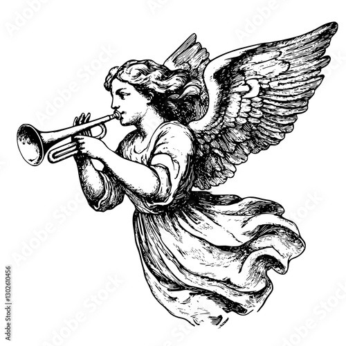 Engraved illustration of an angel playing a trumpet with flowing robes and detailed wings in a classic style