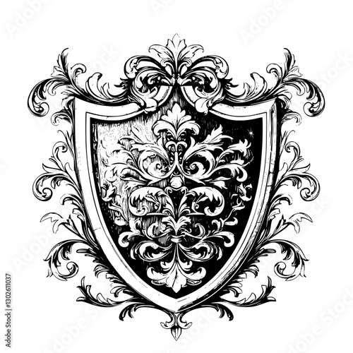 Engraved vector illustration of an ornate shield emblem adorned with intricate floral designs