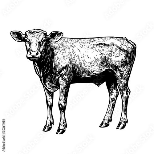 Engraved illustration of a standing calf in a detailed vector design showcasing agricultural life