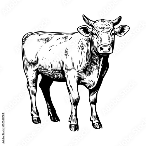 Engraved vector illustration of a standing cow in a farm setting, showcasing its detailed features and natural form