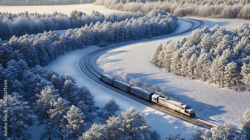 Obraz premium A scenic train traveling through a snow-dusted countryside, its tracks curving through a forest of frosted evergreens