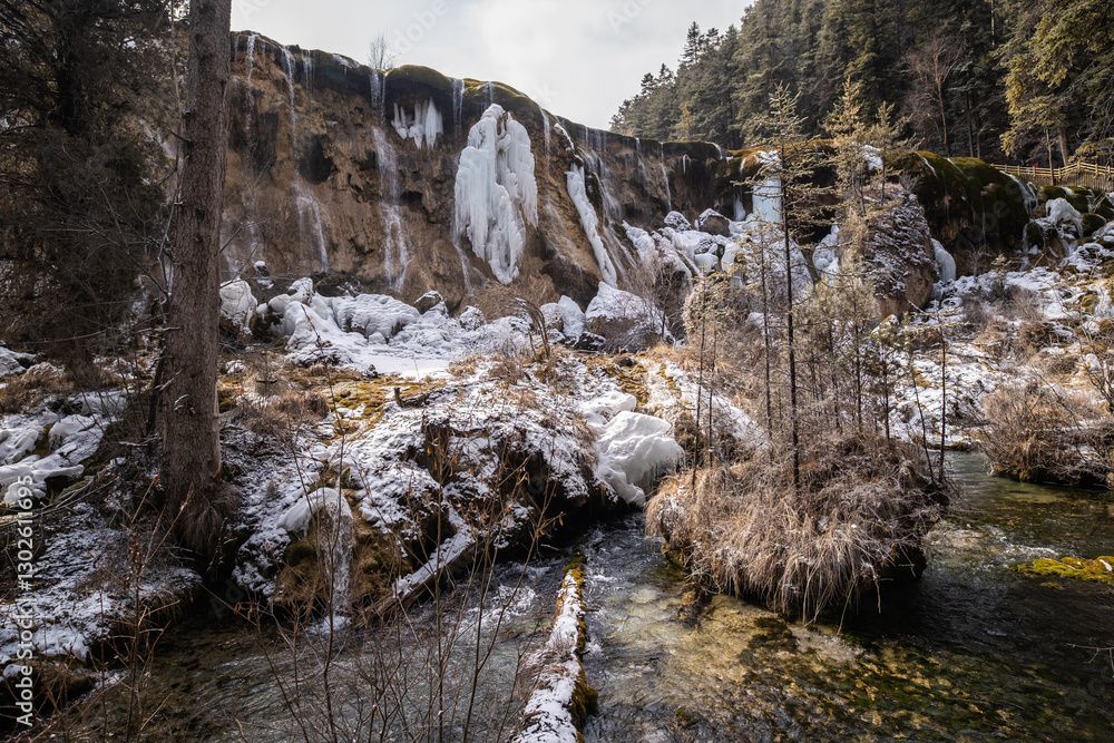 Pearl Shoal Waterfall in winter season, is a waterfall located in Jiuzhaigou, Sichuan Province, China, steam, cascade