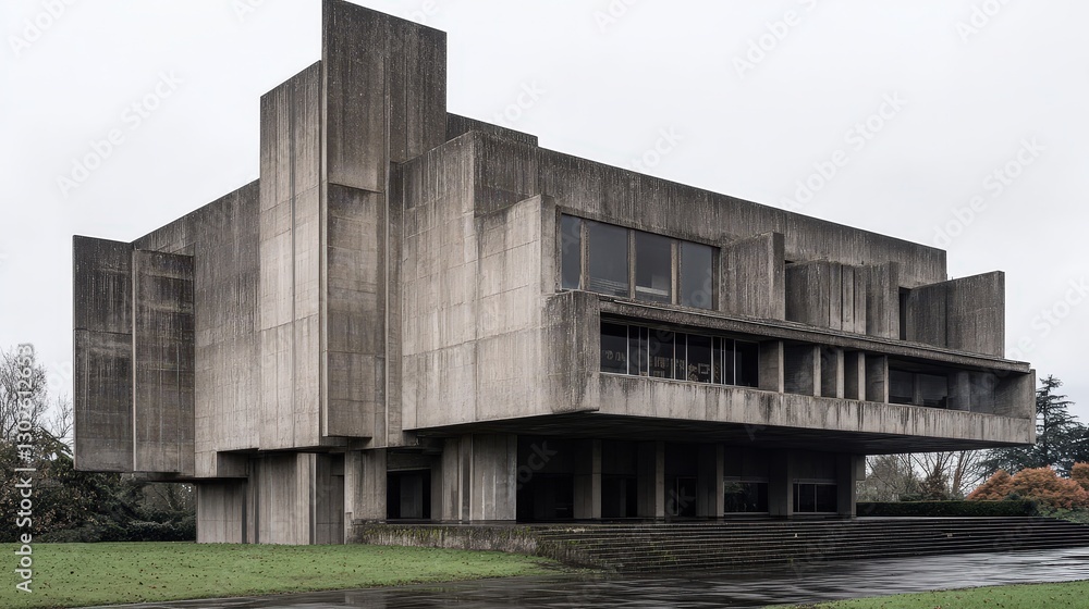 A striking Brutalist building with raw concrete facades, sharp angular lines, and an imposing structure standing tall against a grey sky. A striking Brutalist building with raw concrete facades, sharp angular lines, and an imposing structure standing tall against a grey sky.