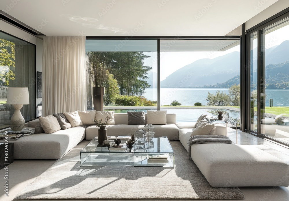 Modern living room with lake view, sectional sofa, glass coffee table, and large windows. Modern living room with lake view, sectional sofa, glass coffee table, and large windows.