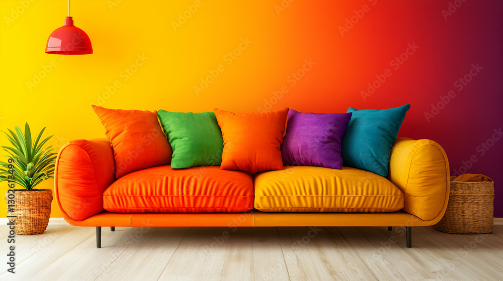 Colorful Sofa with Vibrant Pillows in a Modern Living Room Colorful Sofa with Vibrant Pillows in a Modern Living Room