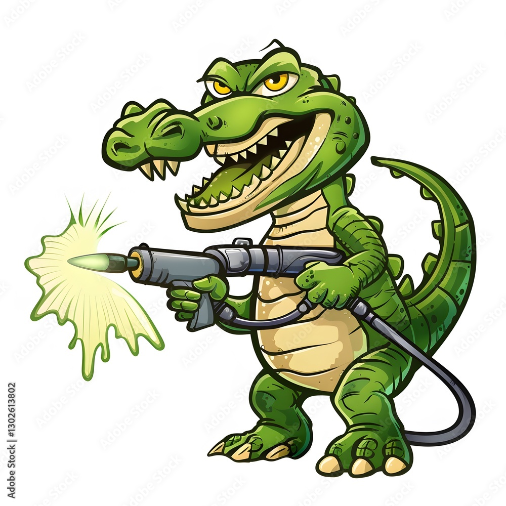 Cartoon Alligator Character with Spray Tool and Expressive Smile Cartoon Alligator Character with Spray Tool and Expressive Smile